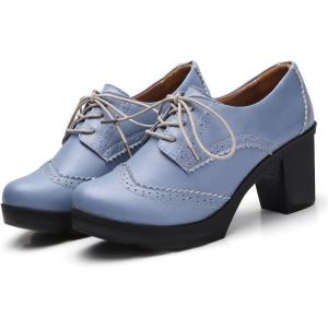 imageSHEMEE Womens Lace Up Chunky Heel Vintage Wingtip Dress Oxfords Round Toe Block High Heels Pumps Retro Brogues ShoesBlue
