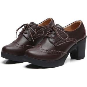 imageSHEMEE Womens Lace Up Chunky Heel Vintage Wingtip Dress Oxfords Round Toe Block High Heels Pumps Retro Brogues ShoesBrown