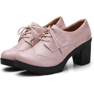 imageSHEMEE Womens Lace Up Chunky Heel Vintage Wingtip Dress Oxfords Round Toe Block High Heels Pumps Retro Brogues ShoesPink