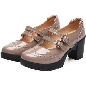 imageSHEMEE Womens Patent Leather Chunky Platform Rockabilly Mary Janes Pumps Double Buckle Block High Heels Wingtip Oxfords Dress ShoesApricot