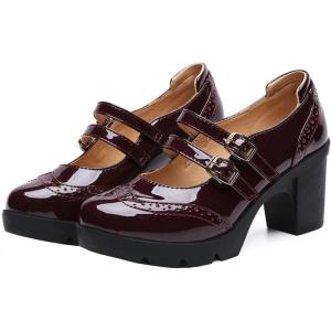 imageSHEMEE Womens Patent Leather Chunky Platform Rockabilly Mary Janes Pumps Double Buckle Block High Heels Wingtip Oxfords Dress ShoesBurgundy