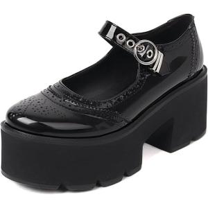 imageSHEMEE Womens Platform Chunky High Heel Pumps Ankle Strap Buckle Mary Janes Block Heeled Round Toe Gothic Oxford Dress ShoesPatent Black