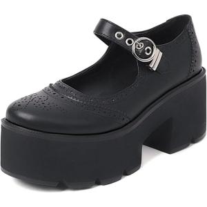 imageSHEMEE Womens Platform Chunky High Heel Pumps Ankle Strap Buckle Mary Janes Block Heeled Round Toe Gothic Oxford Dress ShoesPu Black