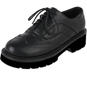 imageSHEMEE Womens Platform Lace Up Wingtip Oxfords Pumps Flat Low Heels Vintage Round Toe Brogues Dress ShoesBlack