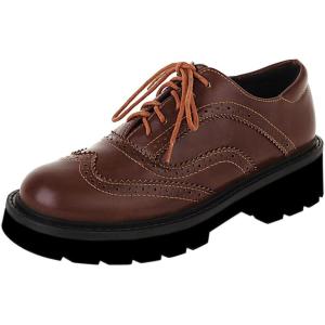 imageSHEMEE Womens Platform Lace Up Wingtip Oxfords Pumps Flat Low Heels Vintage Round Toe Brogues Dress ShoesBrown
