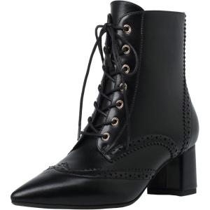 imageSHEMEE Womens Victorian Ankle Boots Lace UP Combat Boots for Women Booties Side Zipper Block Chunky Mid Heels Wingtip Oxford Boot Renaissance ShoesBlack
