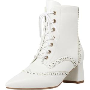 imageSHEMEE Womens Victorian Ankle Boots Lace UP Combat Boots for Women Booties Side Zipper Block Chunky Mid Heels Wingtip Oxford Boot Renaissance ShoesWhite