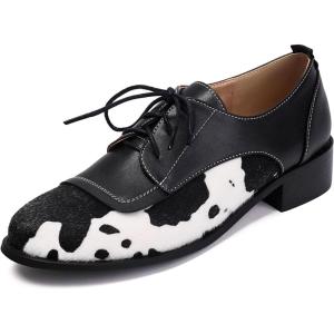 imageSHEMEE Womens Pony Hair Oxfords Chunky Low Heels Two Tone Brogues Lace Up Splicing Flats Derby Shoes Ponyhair Loafers Brock Design Dress ShoeBlack