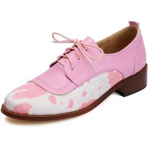 imageSHEMEE Womens Pony Hair Oxfords Chunky Low Heels Two Tone Brogues Lace Up Splicing Flats Derby Shoes Ponyhair Loafers Brock Design Dress ShoePink