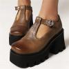 imageSHEMEE Women Platform Chunky Heel Mary Jane Pumps Vintage Square Toe Buckle Block High Heeled Gothic ShoesBrown
