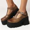 imageSHEMEE Women Platform Chunky Heel Mary Jane Pumps Vintage Square Toe Buckle Block High Heeled Gothic ShoesBrown