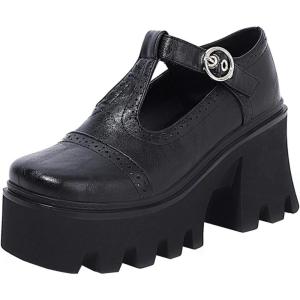 imageSHEMEE Women Platform Chunky Heel Mary Jane Pumps Vintage Square Toe Buckle Block High Heeled Gothic ShoesBlack