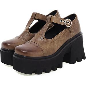 imageSHEMEE Women Platform Chunky Heel Mary Jane Pumps Vintage Square Toe Buckle Block High Heeled Gothic ShoesBrown
