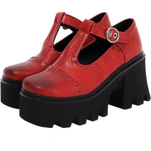 imageSHEMEE Women Platform Chunky Heel Mary Jane Pumps Vintage Square Toe Buckle Block High Heeled Gothic ShoesRed