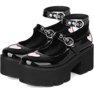 imageSHEMEE Womens Gothic Chunky Platform Mary Jane Pumps Patent Leather Block High Heel Ankle Strap Buckle Cosplay ShoesBlack