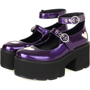 imageSHEMEE Womens Gothic Chunky Platform Mary Jane Pumps Patent Leather Block High Heel Ankle Strap Buckle Cosplay ShoesPurle