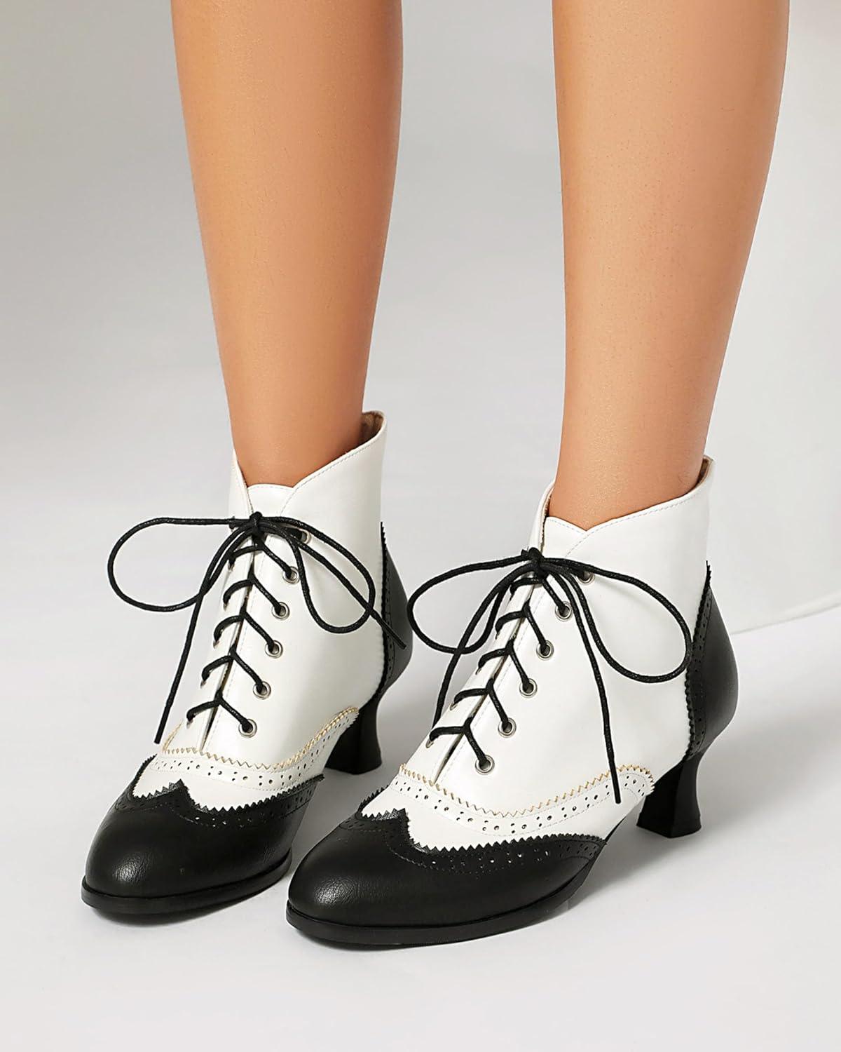 imageSHEMEE Womens Vintage Victorian Boots Kitten Heels Ankle Booties Lace Up Oxford Brogues Boots Wingtip Perforated Tie Up Low Mid Heel Renaissance Witch ShoesBlackWhite