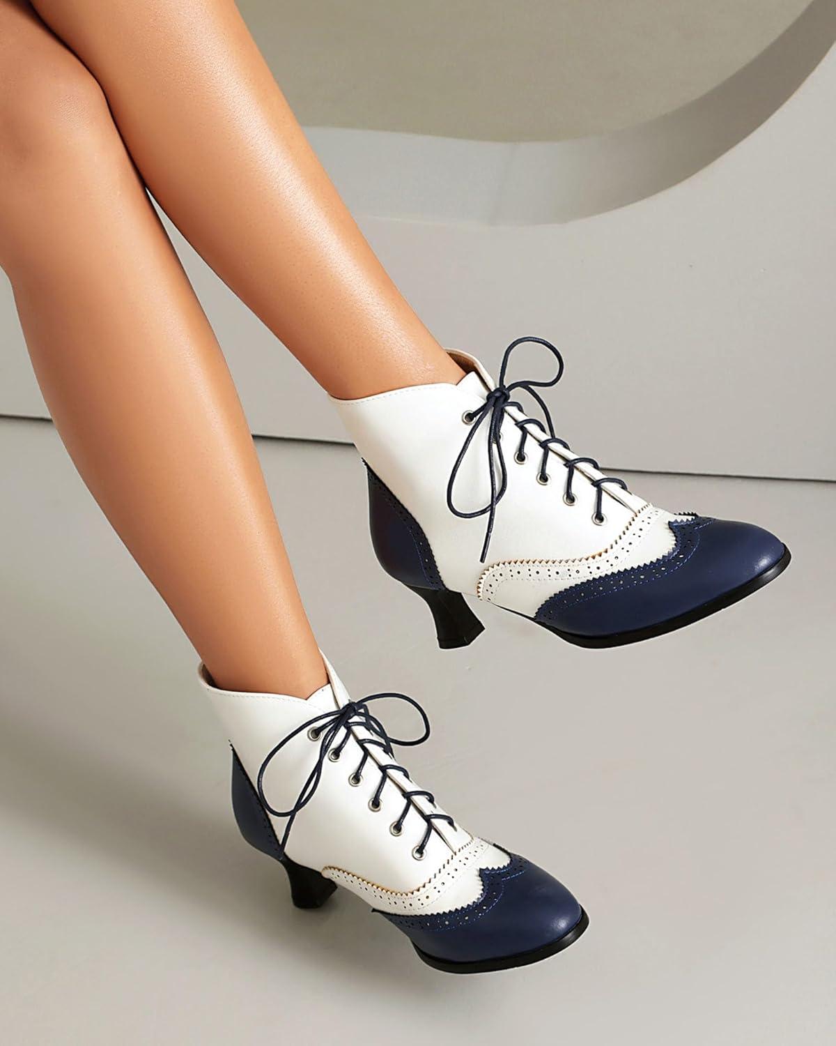 imageSHEMEE Womens Vintage Victorian Boots Kitten Heels Ankle Booties Lace Up Oxford Brogues Boots Wingtip Perforated Tie Up Low Mid Heel Renaissance Witch ShoesBlueWhite