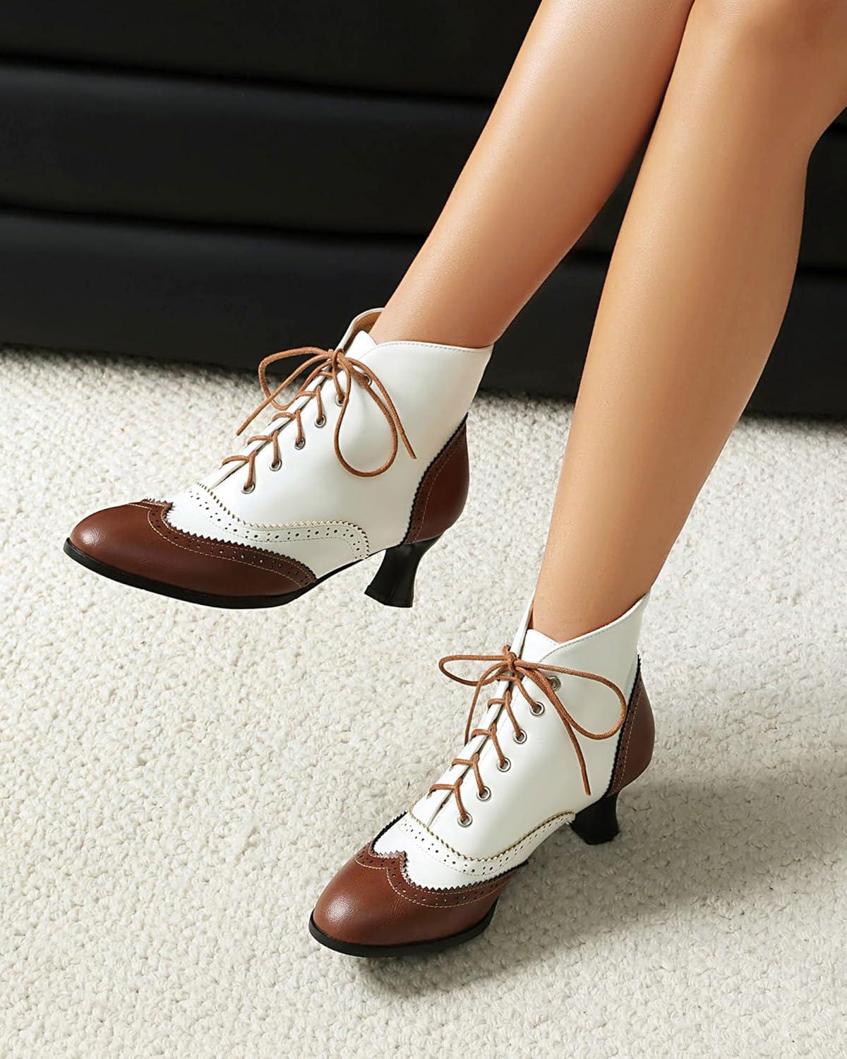 imageSHEMEE Womens Vintage Victorian Boots Kitten Heels Ankle Booties Lace Up Oxford Brogues Boots Wingtip Perforated Tie Up Low Mid Heel Renaissance Witch ShoesBrownWhite