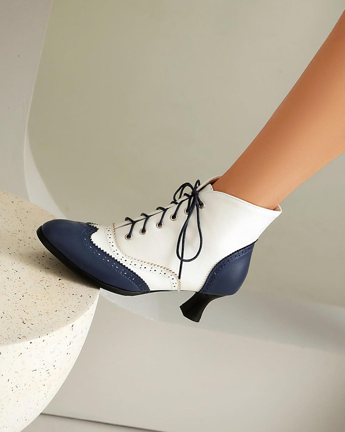 imageSHEMEE Womens Vintage Victorian Boots Kitten Heels Ankle Booties Lace Up Oxford Brogues Boots Wingtip Perforated Tie Up Low Mid Heel Renaissance Witch ShoesBlueWhite