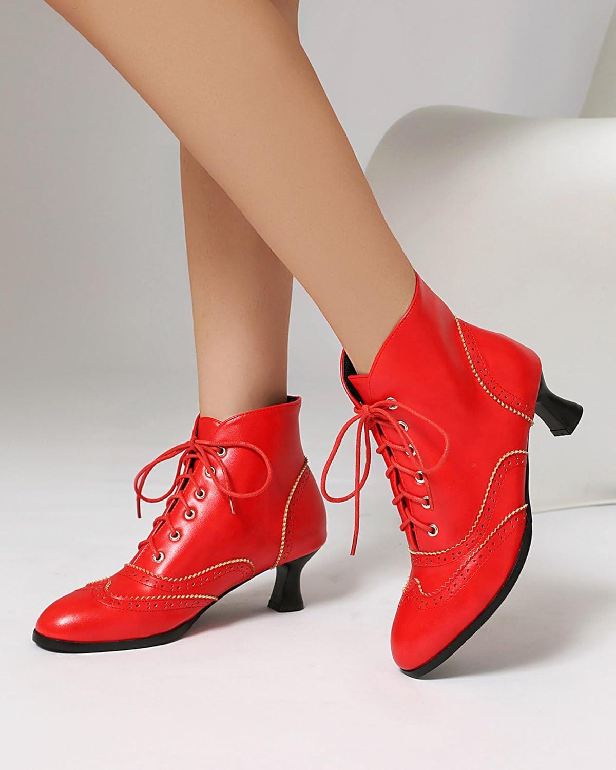 imageSHEMEE Womens Vintage Victorian Boots Kitten Heels Ankle Booties Lace Up Oxford Brogues Boots Wingtip Perforated Tie Up Low Mid Heel Renaissance Witch ShoesRed