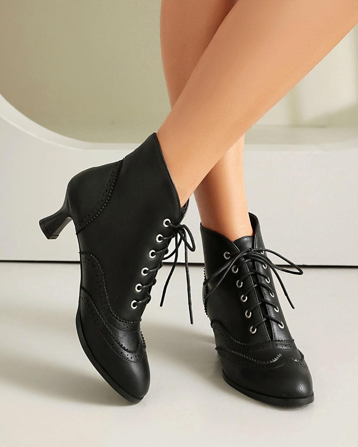 imageSHEMEE Womens Vintage Victorian Boots Kitten Heels Ankle Booties Lace Up Oxford Brogues Boots Wingtip Perforated Tie Up Low Mid Heel Renaissance Witch ShoesBlack