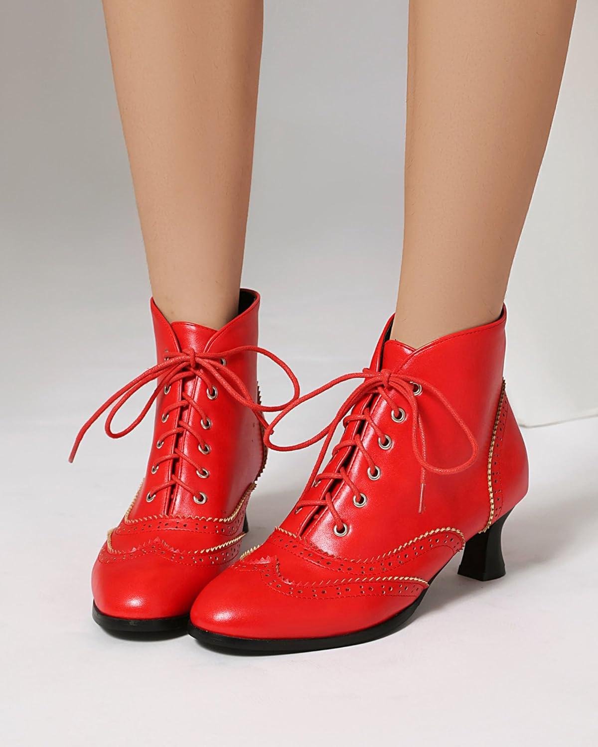 imageSHEMEE Womens Vintage Victorian Boots Kitten Heels Ankle Booties Lace Up Oxford Brogues Boots Wingtip Perforated Tie Up Low Mid Heel Renaissance Witch ShoesRed