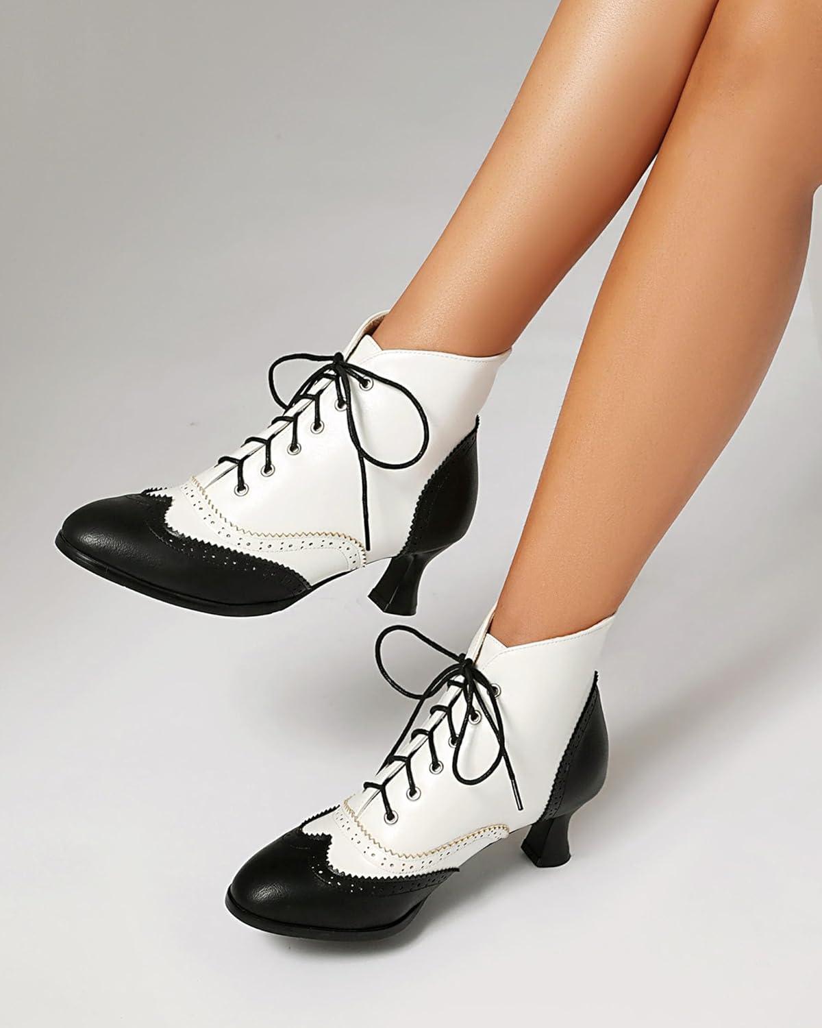 imageSHEMEE Womens Vintage Victorian Boots Kitten Heels Ankle Booties Lace Up Oxford Brogues Boots Wingtip Perforated Tie Up Low Mid Heel Renaissance Witch ShoesBlackWhite