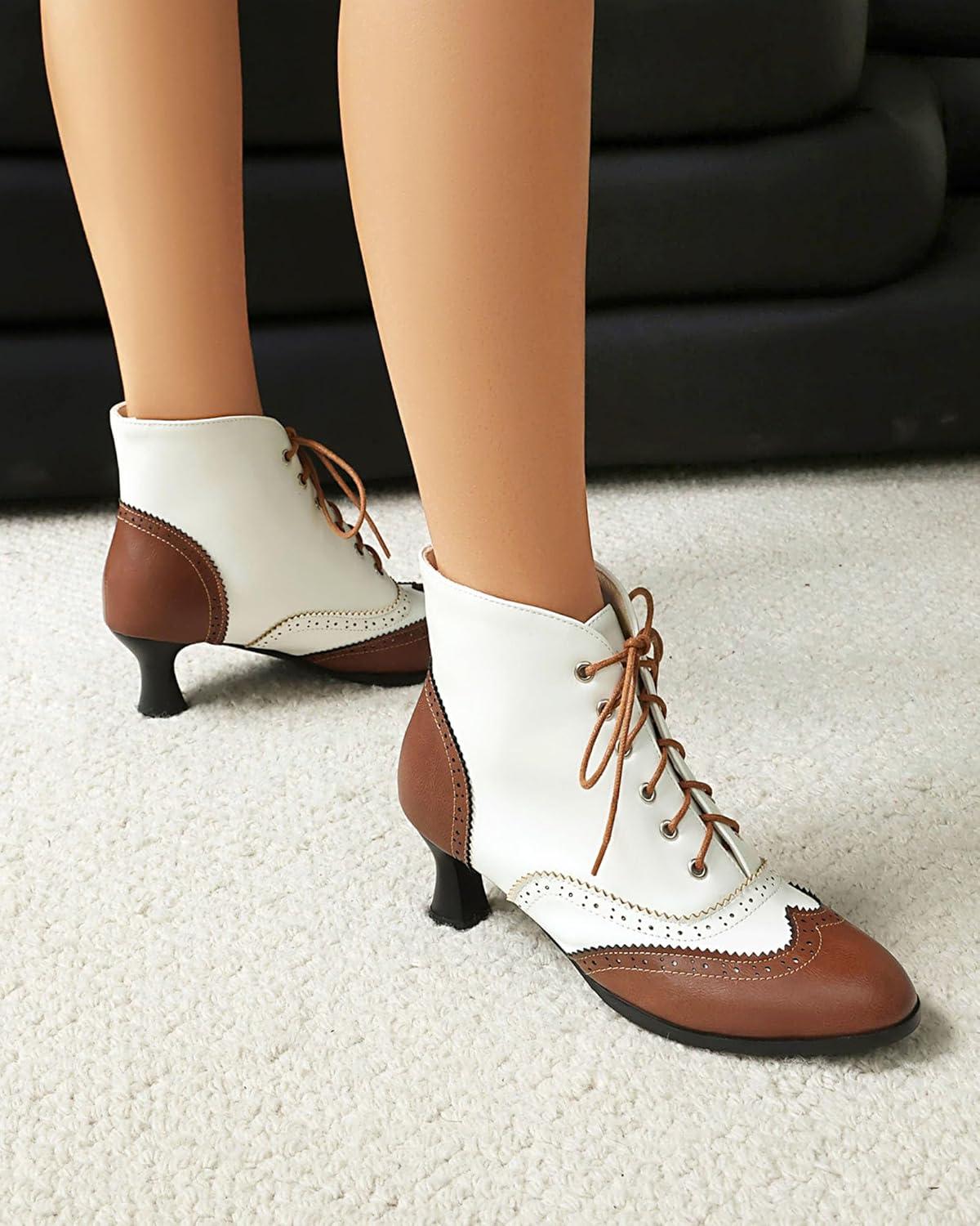 imageSHEMEE Womens Vintage Victorian Boots Kitten Heels Ankle Booties Lace Up Oxford Brogues Boots Wingtip Perforated Tie Up Low Mid Heel Renaissance Witch ShoesBrownWhite