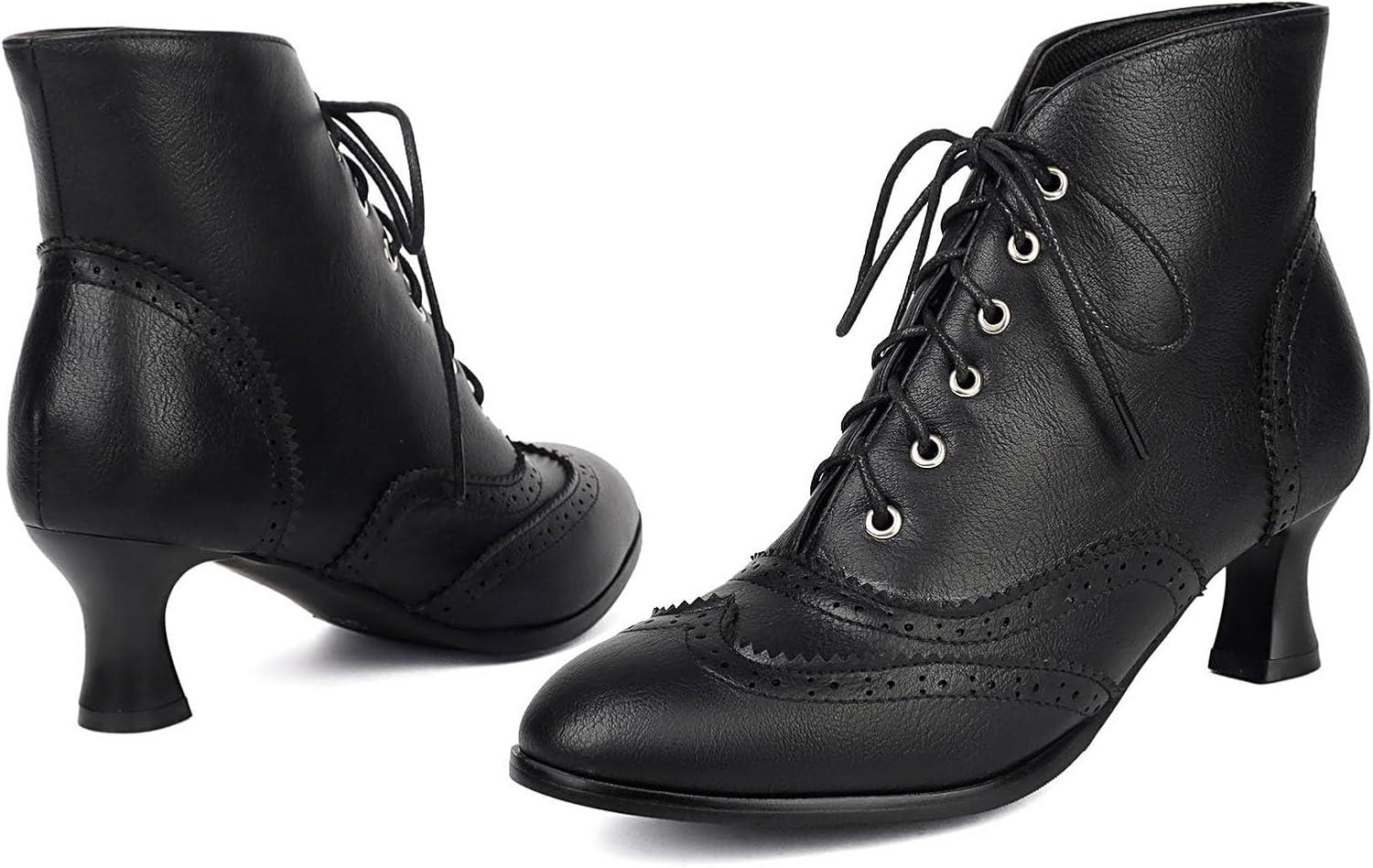 imageSHEMEE Womens Vintage Victorian Boots Kitten Heels Ankle Booties Lace Up Oxford Brogues Boots Wingtip Perforated Tie Up Low Mid Heel Renaissance Witch ShoesBlack