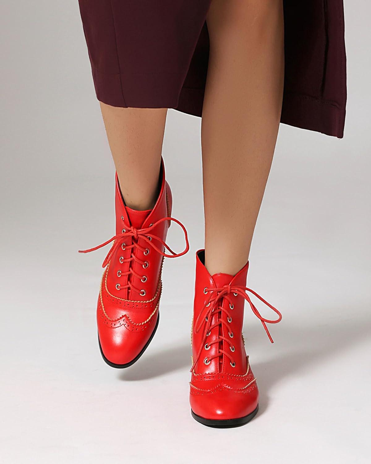 imageSHEMEE Womens Vintage Victorian Boots Kitten Heels Ankle Booties Lace Up Oxford Brogues Boots Wingtip Perforated Tie Up Low Mid Heel Renaissance Witch ShoesRed
