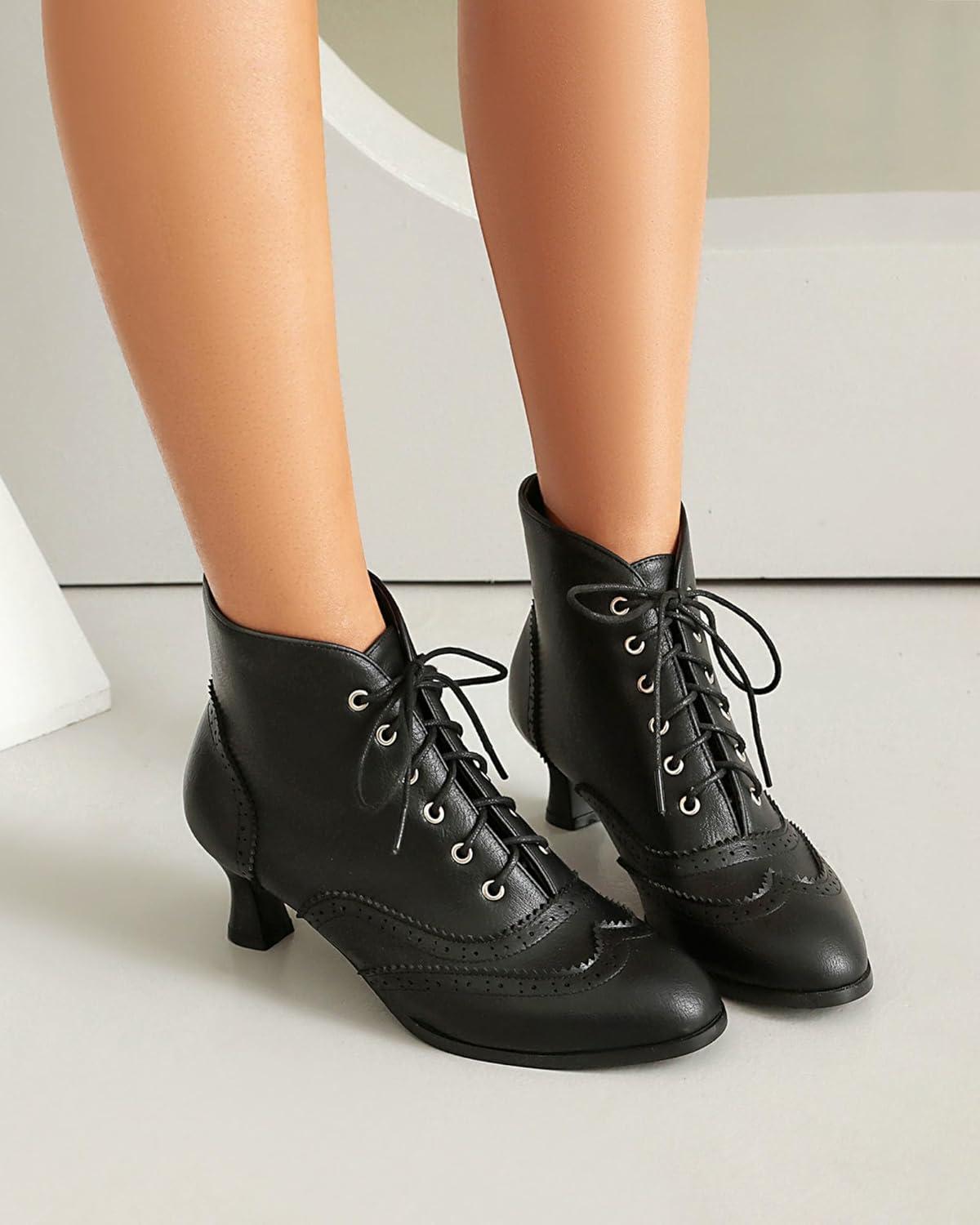 imageSHEMEE Womens Vintage Victorian Boots Kitten Heels Ankle Booties Lace Up Oxford Brogues Boots Wingtip Perforated Tie Up Low Mid Heel Renaissance Witch ShoesBlack