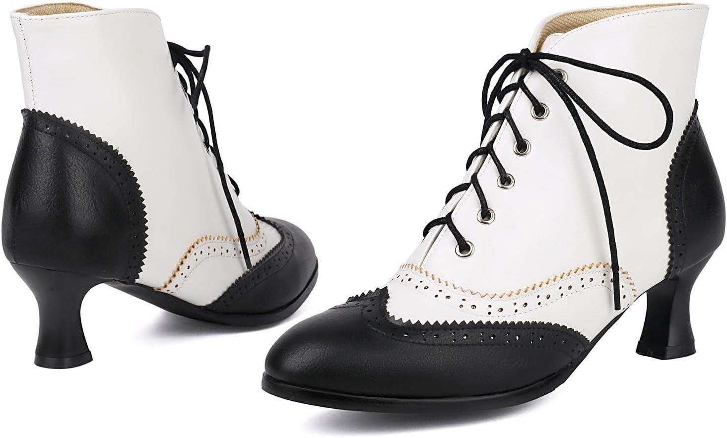imageSHEMEE Womens Vintage Victorian Boots Kitten Heels Ankle Booties Lace Up Oxford Brogues Boots Wingtip Perforated Tie Up Low Mid Heel Renaissance Witch ShoesBlackWhite