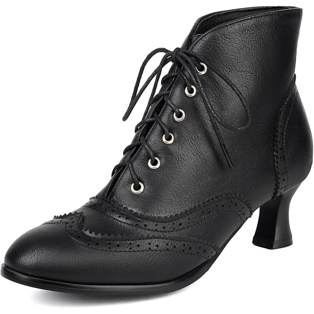 imageSHEMEE Womens Vintage Victorian Boots Kitten Heels Ankle Booties Lace Up Oxford Brogues Boots Wingtip Perforated Tie Up Low Mid Heel Renaissance Witch ShoesBlack