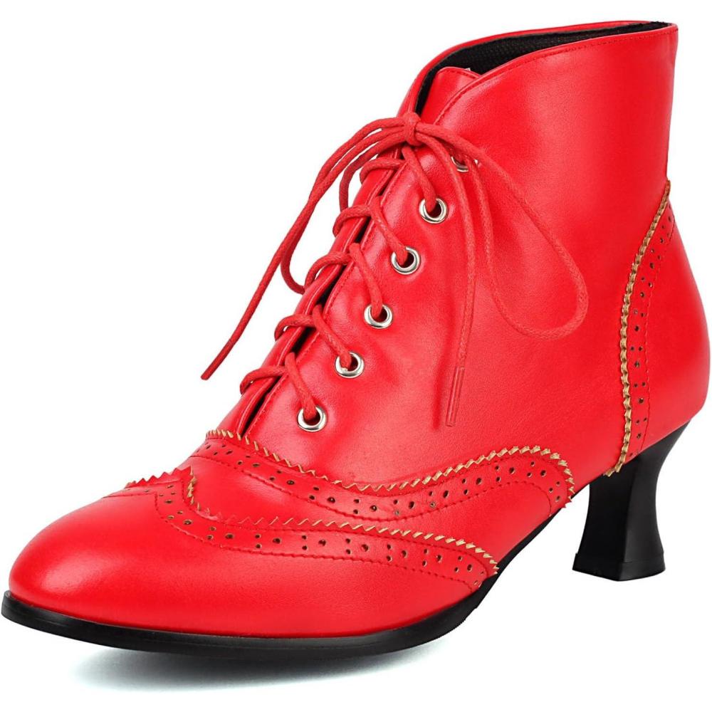 imageSHEMEE Womens Vintage Victorian Boots Kitten Heels Ankle Booties Lace Up Oxford Brogues Boots Wingtip Perforated Tie Up Low Mid Heel Renaissance Witch ShoesRed