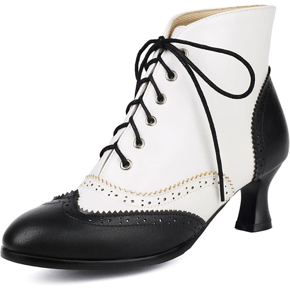 imageSHEMEE Womens Vintage Victorian Boots Kitten Heels Ankle Booties Lace Up Oxford Brogues Boots Wingtip Perforated Tie Up Low Mid Heel Renaissance Witch ShoesBlackWhite