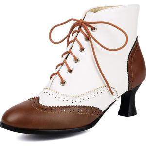 imageSHEMEE Womens Vintage Victorian Boots Kitten Heels Ankle Booties Lace Up Oxford Brogues Boots Wingtip Perforated Tie Up Low Mid Heel Renaissance Witch ShoesBrownWhite
