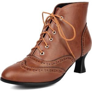 imageSHEMEE Womens Vintage Victorian Boots Kitten Heels Ankle Booties Lace Up Oxford Brogues Boots Wingtip Perforated Tie Up Low Mid Heel Renaissance Witch ShoesBrown