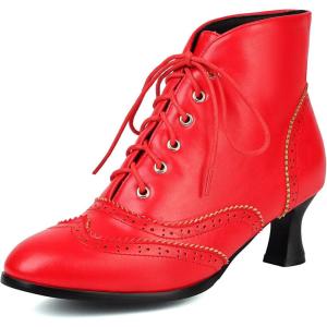 imageSHEMEE Womens Vintage Victorian Boots Kitten Heels Ankle Booties Lace Up Oxford Brogues Boots Wingtip Perforated Tie Up Low Mid Heel Renaissance Witch ShoesRed
