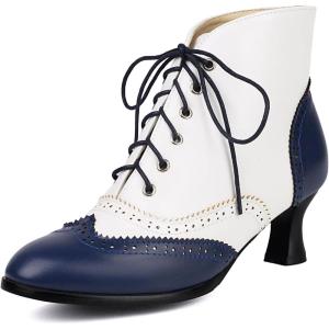 imageSHEMEE Womens Vintage Victorian Boots Kitten Heels Ankle Booties Lace Up Oxford Brogues Boots Wingtip Perforated Tie Up Low Mid Heel Renaissance Witch ShoesBlueWhite