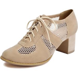 imageSHEMEE Womens Lace Mesh Stacked Chunky Heel Wingtip Oxfords Round Toe Block Heels LaceUp Pumps Work Office Dress ShoesBeige M02