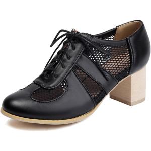 imageSHEMEE Womens Lace Mesh Stacked Chunky Heel Wingtip Oxfords Round Toe Block Heels LaceUp Pumps Work Office Dress ShoesBlack M02