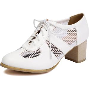 imageSHEMEE Womens Lace Mesh Stacked Chunky Heel Wingtip Oxfords Round Toe Block Heels LaceUp Pumps Work Office Dress ShoesWhite M02
