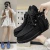 imageSHEMEE Fringe Ankle Booties for Women Studded Lace Up Flat Boots Faux Suede Round Toe Lightweight Western Outdoor Travel Short BootsBlack