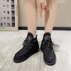 imageSHEMEE Fringe Ankle Booties for Women Studded Lace Up Flat Boots Faux Suede Round Toe Lightweight Western Outdoor Travel Short BootsBlack