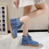 imageSHEMEE Fringe Ankle Booties for Women Studded Lace Up Flat Boots Faux Suede Round Toe Lightweight Western Outdoor Travel Short BootsBlue