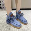 imageSHEMEE Fringe Ankle Booties for Women Studded Lace Up Flat Boots Faux Suede Round Toe Lightweight Western Outdoor Travel Short BootsBlue