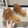 imageSHEMEE Fringe Ankle Booties for Women Studded Lace Up Flat Boots Faux Suede Round Toe Lightweight Western Outdoor Travel Short BootsBrown