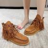 imageSHEMEE Fringe Ankle Booties for Women Studded Lace Up Flat Boots Faux Suede Round Toe Lightweight Western Outdoor Travel Short BootsBrown
