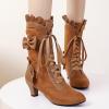 imageSHEMEE Womens Cute Rockabilly Lolita Boots Lace Up Kitten Heels Ankle Boots Faux Suede Kawaii Cosplay Bow Short BootsBrown